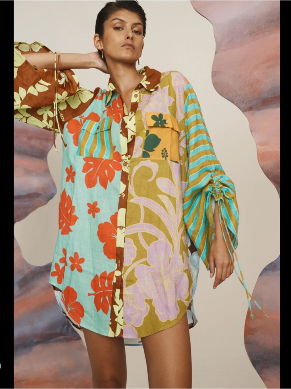 Vibrant Poppy Spliced Button-Up Shirt in Turquoise, Orange & Olive